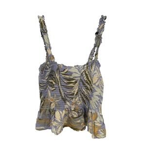 Smocked Peplum Cami Tank S Blue Green Floral‎ Ruffle Strap Boho Romantic Indie